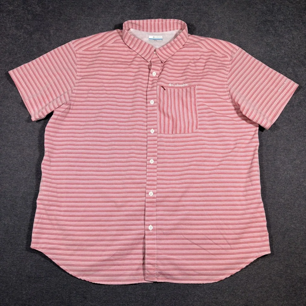 Columbia Short Sleeve Button Up Men XXL Red Striped Omni-Shade Fishing Shirt
